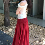 KYLETHOMASW  -  Red High Waist A-Line Skirt French Elegant Pleated Long Skirt Women Summer Loose Fashion Club Party Maxi Skirt Mujer Faldas 381A