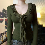 KYLETHOMASW  -  American Vintage Ruffles V-neck Long Sleeve Tshirts Solid Slim Fit Casual Pullover Tee Spring New Y2k Aesthetic Ropa Mujer