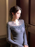 KYLETHOMASW  -  Lace Splicing Knitted Sweater Unique Beautiful Maturi Winter Faion Commute Sle Slim Fit Long Sve  Color