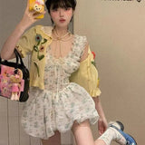KYLETHOMASW  -  Spring Fashion Miu Style Dopamine Waist-Cinching Cat Print Bubble Hem Cami Dress for Women Female Lady Cute Summer Mini Dress