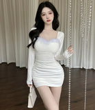 KYLETHOMASW  -  Sweet Hot Girl Retro Fur Patchwork Dress Women's Autumn/Winter Square Collar Ruffled Tight Wrap Hip Dress Fashion Female Clothes