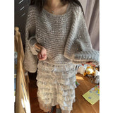 KYLETHOMASW  -  Premium Heavy Industry Sequin Long Skirt Set Shining Lazy Style Loose Gray Knitted Pullovers Autumn Two Piece Sets Women Outfits