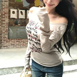 Kylethomasw Skew Collar Strapless Sexy Slim All Match Long-sleeved T-shirt Women 2024 Autumn New Streetwear Letters Printed Casual Tops
