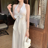 KYLETHOMASW  -  French Vacation Style Hanging Neck Striped Vest Dress Women Summer New Design Butterfly Bow Long Dresses