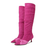 KYLETHOMASW  -  Ladies High Heels long boots winter shoes pointed toe leather bowknot flock knee high botas mujer 41-43 big size female booties