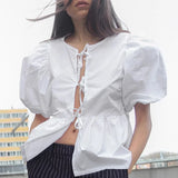 KYLETHOMASW  -  Pure Cotton Lace Up Round Neck Loose Short Sleeved Summer New Item Bubble Sleeve Pleated Cardigan Top for Women