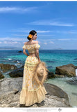 KYLETHOMASW  -  French Vacation Boho Beach 2 Piece Sets Womens Print Floral Outfits Summer Corp Top and High Waist Long Skirt Two Piece Set