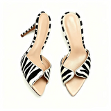KYLETHOMASW  -  Ladies  Zebra Stripes V Cut Point Toe Backless Mules Thin Stiletto Slides Women Slip On Animal Print Sandals Designer Heels