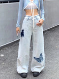 Kylethomasw Blue Jeans Plus Size Women Y2k Fashion Loose Butterfly Patchwork Causal High Waist Denim Pants Streetwear Retro Bottoms