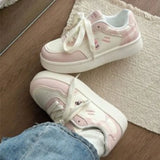 KYLETHOMASW  -  Cute Women Pink‑White Platform Sneakers Bear Embroidery Lace‑Up Round Toe Thick‑Sole Sweet Style Casual Daily Board Shoes