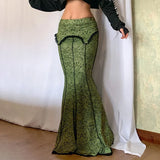 KYLETHOMASW  -  Y2K Vintage Fashion Elegant Green Trumpet Long Skirt Graphic Printed Lace Trim High Waist Skirt Women Aesthetic