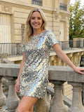 KYLETHOMASW  -  Women Sequin T-shirt Dress Short Sleeve Crew Neck Mini Dress Summer Casual Party Clubwear