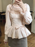KYLETHOMASW  -  Kawaii Pink Bow Shirts Women Japanese Cute Lace Ruffles Patchwork Blouses Fashion Puff Long Sleeve Slim Design Tops New