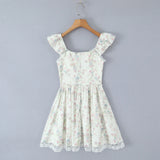 KYLETHOMASW  -  French Style Floral Print Mini Summer Dress Women Flying Sleeves V Neck Lace Spliced A-line Dresses Party Robe Vestidos