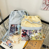 KYLETHOMASW  -  Portable Transparent Pocket Drawstring Backpack PU Lightweight Itabag Handheld Bag Large Capacity Shoulder Bag Casual