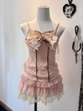 KYLETHOMASW  -  Japanese Vintage Lace Pink Kawaii 3-piece Set Women's Designer Sweet Elegant Cute Bow Sling Tops + Cake Short Skirt Suit New