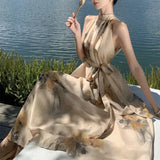 KYLETHOMASW  -  Knee Skirts Plant&Flowers Printing Bandage Summer Sleeveless Women's Clothing Pullover Halter All-match Colorful Sexy Dresses