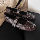 KYLETHOMASW  -  Retro Rivet Mary Jane Shoes Women Fashion Belt Buckle Round Toe Ballet Flats Comfortable Soft Sole Flat Shoes Zapatos De Mujer