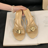 KYLETHOMASW  -  Fashion Metal Women High Heels Pumps Slides Shoes New In Spring Summer Female Slip On Footwear Round Toe Ladies Thin Heels Shoes