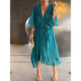 KYLETHOMASW  -  Solid Color Sash Long Dress Bat Sleeve Irregular Hemline Maxi Dress Plus Size