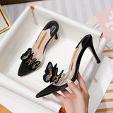 Kylethomasw Summer 2024 New Sandals Women's Sheer High Heels Butterfly Rhinestones Stiletto Heel Slippers