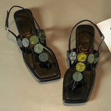 KYLETHOMASW  -  Women Beaded Clip Toe Flat Sandals Square Open Toe Ankle Buckle Strap Flip Flops Summer Beach Casual Dress Shoes