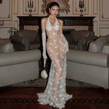KYLETHOMASW  -  Lace Patchwork Long Dress+Gloves Woman Halter Low-Neck Backless Sleeveless Robe Midnight Prom Party Sexy Fashion Vestidos