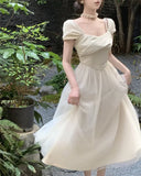KYLETHOMASW  -  Women Vintage Sweet Mesh Patchwork Elegant Party Dresses Summer Solid Square Collar Short Sleeve Slim Fairy Midi Dress Vestidos