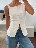 KYLETHOMASW  -  Elegant Women Solid T-Shirts Fashion Single Breasted Sexy Strap Sleeveless Button Tops Casual White Pleated Office Lady New Tees