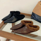 KYLETHOMASW  -  Winter Warm Fluffy Slippers Woman Retro Sewing Pointed Toe Low Heel Mules Shoes Outdoors Casual Comfortable Fur Slippers