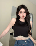 Kylethomasw Heavy Industry Tassel Tank Top Summer Pure Lust Spicy Girl Design Sense Short Style Outwardly Wearing Suspended Bottom Shirt Y2k