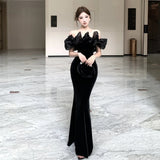 KYLETHOMASW  -  Spring French High-end Chic Elegant Evening Gown Women's Off-the-shoulder Velvet Backless Slim Dress Fashion Designed Ball Gown