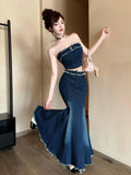 KYLETHOMASW  -  Women Clothes Y2K Casual Outfit Sexy Chest Wrapped Short Tops Shirt Blouse High Waist Fishtail Long Skirt Mujer 2 Pieces Set New