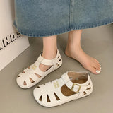 KYLETHOMASW  -  ONG Genuine Leather Hollow out Flat Roman Sandals Versatile Casual Cage oes mid Heel round Toe Summer Faion Women's oes