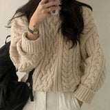 KYLETHOMASW  -  Women Thick Twisted Sweater Autumn Long Sleeve O-neck Female Vintage Knitted Pullover Solid Casual Loose Lady Kintwear Tops T587