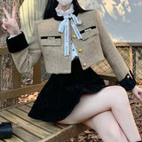 KYLETHOMASW  -  Women Two Piece Outfits Spring Autumn Vintage Fashion Elegant Luxury Coat Tweed Chic Slim Jacket Sexy High Waist Mini Skirt