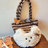 KYLETHOMASW  -  Patchwork Cute Fluffy Dog Contrast Color Striped Handbags Women Purses Y2k Aesthetic Sweet Cartoon Kawaii Shoulder Underarm Bag