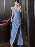 KYLETHOMASW  -  Women's Sexy Blue Evening Gown Luxury Dresses Slim Backless V-Neck Split Maxi Dress Fashion Robe Birthday Party Spring Autumn