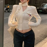 Kylethomasw Vintage V-neck Button Solid Color Casual Long Sleeve Cardigan Women Autumn New Korean Lace-Up Sexy Slim Knitted Crop Tops