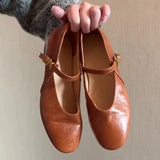 KYLETHOMASW  -  Retro Leather Mary Jane Shoes Women with Buckle Low Heel British Style Slip-On Round Toe Vintage Soft Casual Comfortable Flats