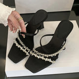 KYLETHOMASW  -  Street Style Crystal Rhinestone Silk Women Slippers Sandals Fashion Open Toe Thin High Heels Stripper Party Slides Shoes