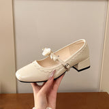 KYLETHOMASW  -  Floral Rose Women Mary Jane Shoes Fashion Buckle Strap Thick Heel Shoes Ladies Elegant Daily Wedding Leather Dress Pumps