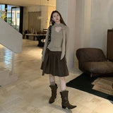 KYLETHOMASW  -  Autumn Fashion Pleated Skirt Women High Waist Solid Color Versatile  A-Line Skirts Office Lady Belt Knee Length Skirt 872A