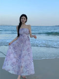 KYLETHOMASW  -  Women Summer Floral Print Sexy Off Shoulder Backless Elegant Party Dresses High Waist Lace-up Sleeveless Slim Beach Maxi Dress