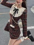 KYLETHOMASW  -  Korean Preppy Style Mini Plaid Dress Women Vintage One Piece Dresses Y2k Jk Uniform Long Sleeve Tunic Princess Vestidos