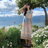 KYLETHOMASW  -  2024 Sweet Oil Painting Style Dress For Women Summer New Atmosphere Casual Elegant Bow Lace Round Neck A-Line Party Long Dresses