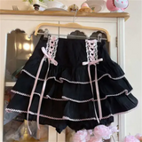 KYLETHOMASW  -  Women High Waist Bow Lace-up Fairy Y2k Aesthetic Cute Cake Mini Skirts Japanese Harajuku Girls Kawaii Lace Pleated Skirts