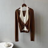 Kylethomasw Korean Patchwork Casual Halter Long-sleeved Sweater Women Autumn New Streetwear Fake Two-piece Sexy Knitted Tops