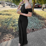 KYLETHOMASW  -  Fashion Irregular Solid Color Dress Temperament High Waist Mesh Hollow Out Dress Sexy Sleeveless Pleated Wrap Hips Evening Dress