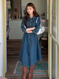 KYLETHOMASW  -  Autumn Spring New Design Vintage High-Waisted Long Denim Dress Women Single Breasted Slim Waist Pleated Mid-Length Dresses